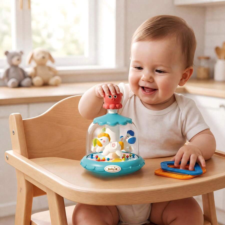 1Pc Baby Toy Press And Spin Fun,3 In 1 Press And Rotate Toy,Baby Activity Ring Toss Game,Carousel Theme Toy,18 Months+ Toddle Education Brain Toy Gift