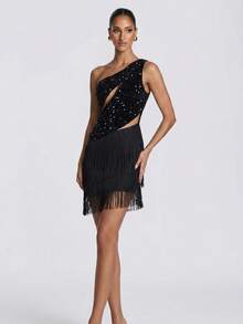 Sexy & Charming Black Sequin Asymmetric Multi-Layer Tassel Hem Mini Cocktail Party Dress - Black - View 3