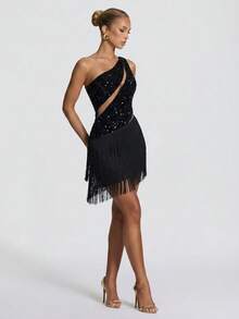 Sexy & Charming Black Sequin Asymmetric Multi-Layer Tassel Hem Mini Cocktail Party Dress - Black - View 4