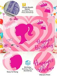 Splendor Sweet Pink Heart Fashion Theme Party Photo Background Cloth, Crown Bag Lipstick Print Background Banner, Birthday Celebration Party Supplies - Multicolor - View 7