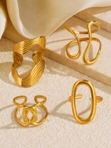 4pcs Stainless Steel Gold Fashionable Personalized Minimalist Casual Geometric Asymmetrical Line Ring Set, Suitable For Women's Daily, Holiday, Shopping, Gathering Wear - Multicolor - View 4