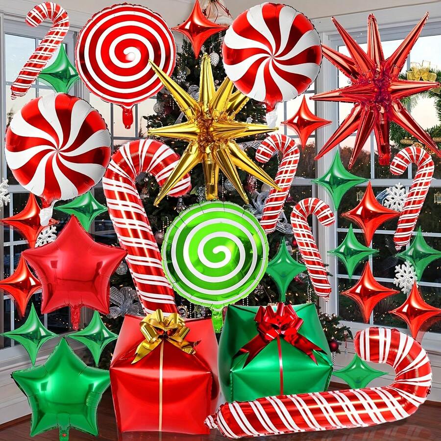 بالونات ديكور حفلة عيد الميلاد وعيد الميلاد، صندوق هدايا سداسي الأضلاع، بالونات نجمة متفجرة، بالونات عصا الحلوى، بالونات نجمة خماسية الأضلاع - مشاهدة 1