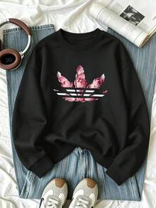 Plus-Size Women's Fashionable Black Crew Neck Sweatshirt With Floral Print, Perfect For A Retro-Style Casual Streetwear Look In Autumn And Winter. - Black - View 4