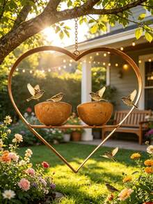 Rusty Metal Heart-Shaped Bird Feeder, Dual Bowl Design, Vintage Distressed Bird Food And Water Dual-Use Feeder, Hanging Design Suitable For Trees And Backyard Gardens, European Courtyard Landscape Country Style Outdoor Decor - Multiple Styles - View 8