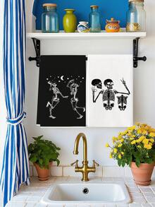 2pcs Halloween Dancing Skeleton Print Kitchen Towels, Black And White Skull Moon And Star Design Dish Cloths, Suitable For Kitchen Cleaning & Halloween Decor - Black and White - View 3