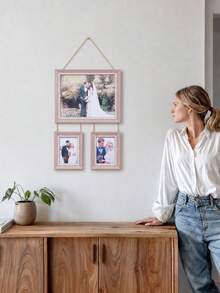 1pc Faux Wood 3-Piece Hanging Photo Frame Set, 10 Inch + 2pcs 5 Inch Jute Rope Connected Wall Hanging Photo Frames, Wedding Family Photo Wall Home Wall Decor - Multi-color - View 3