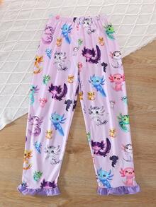 2pcs/Set Tween Girl Casual Digital Cartoon Hexagon Dinosaur Print Lapel Short Sleeve Top And Shorts Pajama Set, Flame Retardant, Ruffle Cuff And Hem Design, All Season, Tween Girl - Multicolor - View 9