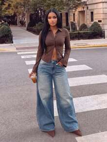 Low Waist Wide Leg Casual Blue Side Pockets Curved Women Jeans, Autumn Clothing Spring Fall - Royal Blue - View 7