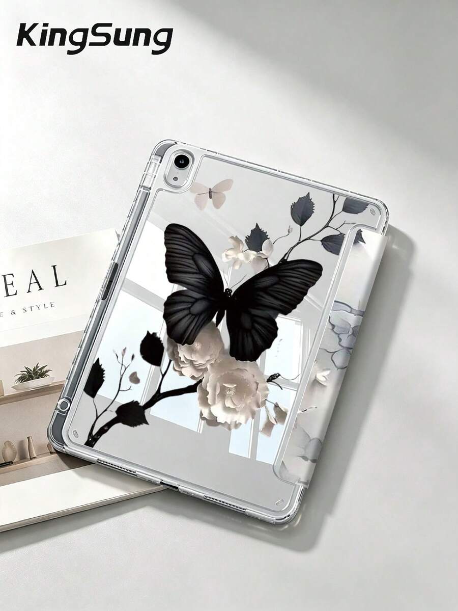 Kingsung Dark Butterfly & Flower Pattern Y-Shaped Folding Acrylic Tablet Case Compatible With Samsung Tablets/Pad Mini6/7/9.7/10.2/10.5/10.9/12.9/Pro 11, 10th Generation, Protective Cover Supports Multi-Angle Adjustment, Six Ways To Place The Bracket, Built-In Pen Slot, Anti-Drop Protection, Automatic Wake/Sleep.Compatible With Kindle Paperwhite 12th Gen 2024,Kindle 11th Gen 2022,Clara Colour.