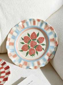 1pc French Wave Edge Fruit Ceramic Plate, Hand-Painted Plaid Plate, 8inch Plate, Steak And Pasta, Perfect For Bread, Cake, Dessert, Fruit, Salad, Mother's Day, Thanksgiving - Multicolor - View 12