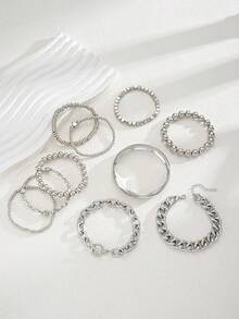 10pcs Fashion Exaggerated Minimalist Old Money Style Layered Vintage Design Star Beaded Chunky Chain Round Bead Bracelet Set For Women, Suitable For Dating, Vacation, Daily Wear, Party, Holiday Gift - Silver - View 4