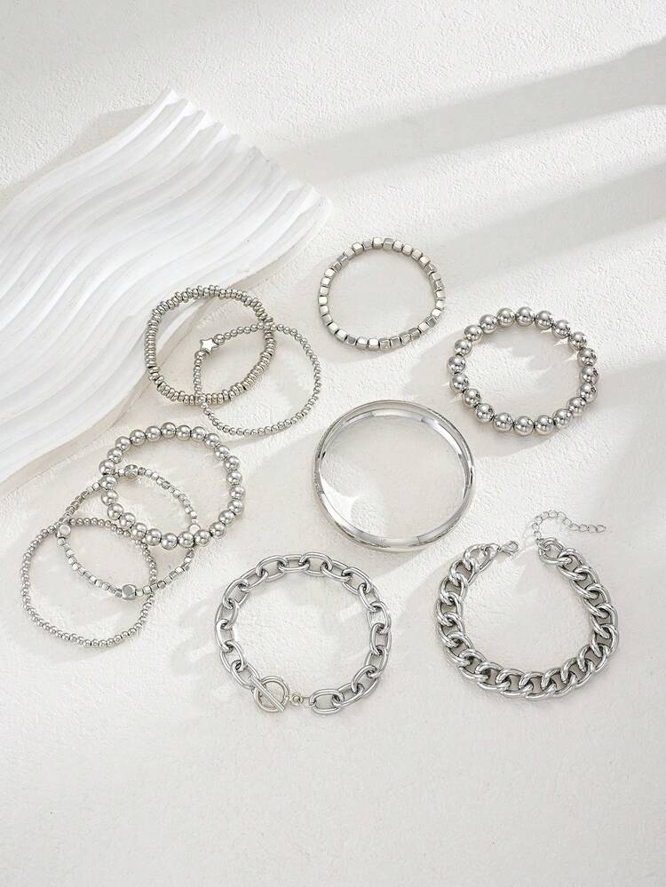 10pcs Fashion Exaggerated Minimalist Old Money Style Layered Vintage Design Star Beaded Chunky Chain Round Bead Bracelet Set For Women, Suitable For Dating, Vacation, Daily Wear, Party, Holiday Gift - Silver - View 3