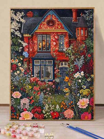 1 Digital Oil Painting Set, DIY Oil Painting Set, House Oil Painting Set Full Of Flowers, DIY Adult Hand-Painted For Gift Home Wall Decoration.