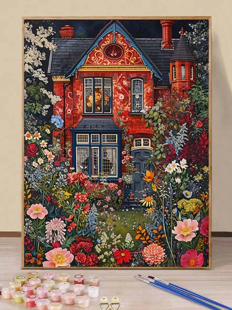 1 Digital Oil Painting Set, DIY Oil Painting Set, House Oil Painting Set Full Of Flowers, DIY Adult Hand-Painted For Gift Home Wall Decoration. - A - View 1