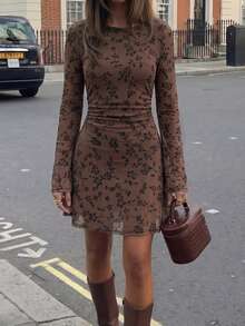 Elegant Commuter Floral Flocked Dress - Coffee Brown - View 3