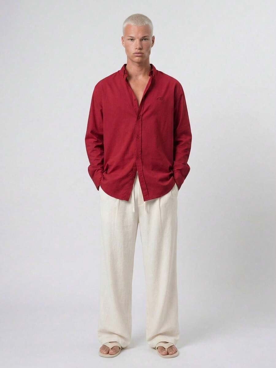 Men's Textured Thick Oversize Shirt Burgundy - Burgundy - View 1