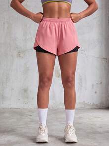 1pc Women's Shorts Solid Color Lining 2 In 1 Sports Pants, Elastic Two Pieces, Suitable For Running, Sports, Yoga, Fitness In Summer - Hot Pink - View 4