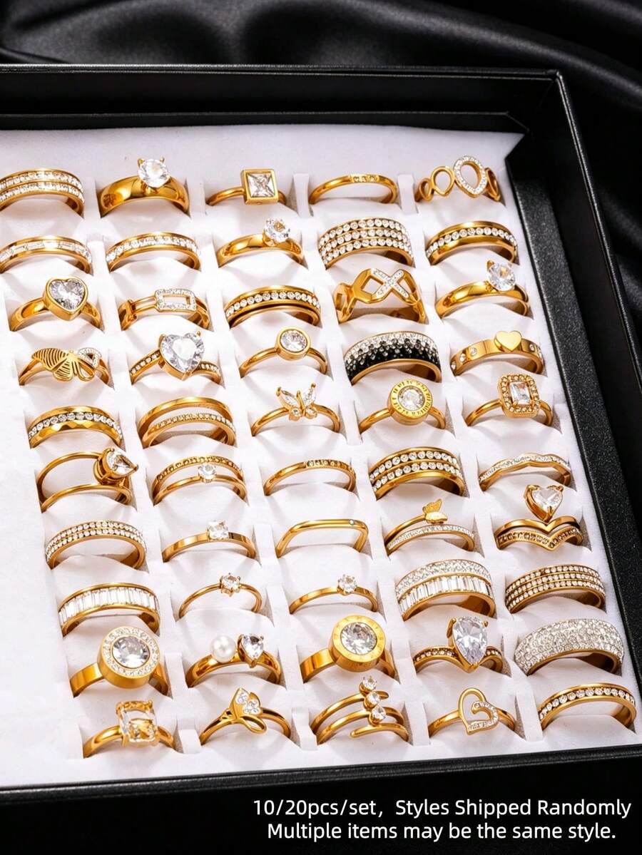 10/20pcs Women's Ring Set, Random Styles, Stainless Steel 18K Gold Plated, Rhinestone Inlaid, Stackable Rings, Daily Women's Jewelry - Yellow Gold - View 1