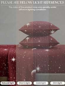4-Piece Burgundy Moon & Star Pattern Bed Sheet Set, Easy-Care Soft Bedding Set, Floral Pattern Fitted Sheet Set (1 Flat Sheet + 1 Fitted Sheet + 2 Pillowcases), Fitted Sheet Set, Suitable For King, Queen, Full And Twin Size, Deep Pocket Design, Pillowcases Up To 11.8 Inches, Soft And Breathable, Wrinkle-Resistant - Burgundy - View 6