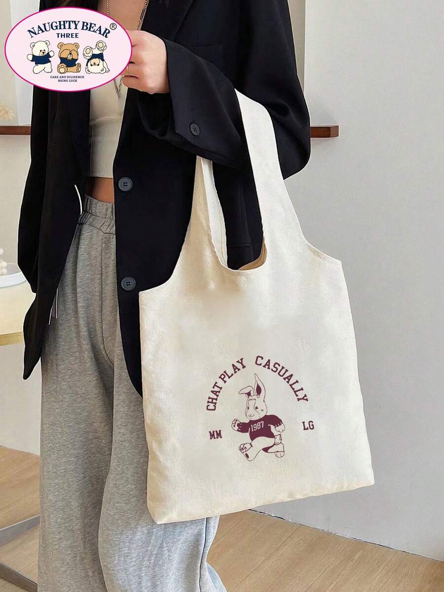 1pc Beige 3 Rabbits Cute Rabbit English Print Women's Canvas Tote Bag Shopping Bag