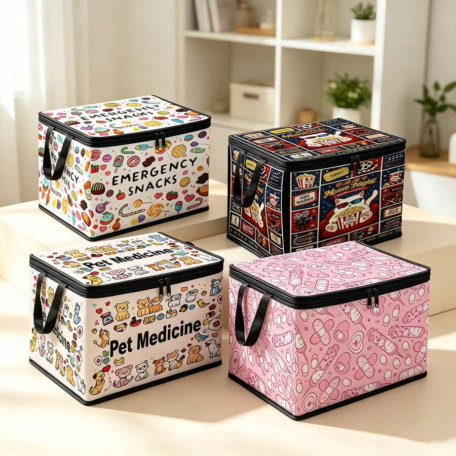 Multi-Size Options, Fun Cartoon Print Foldable Storage Box With Zipper Handle, Upgraded Fabric Large Capacity Storage Bin, Suitable For Wardrobe, Dorm, Underbed Storage, Organizing Clothes, Bedding, Toys, Miscellaneous Items, Home Moving Organization Storage Box