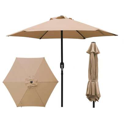 7.5ft Patio Umbrella With Crank Handle Outdoor Market Umbrella With 6 Sturdy Umbrella Ribs Waterproof For Garden Deck Backyard Pool, Tan