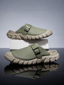 Men's Dark Green Buckle Beach Sandals, Microfiber Leather Non-Slip Thick Sole, Outdoor Vacation Daily Commute Sandals - Dark Green - View 2