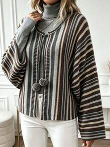 Plus Size Casual Fashion Contrast Color Cape-Style Knit Cardigan With Pom Poms, Long Sleeve - Multicolor - View 3