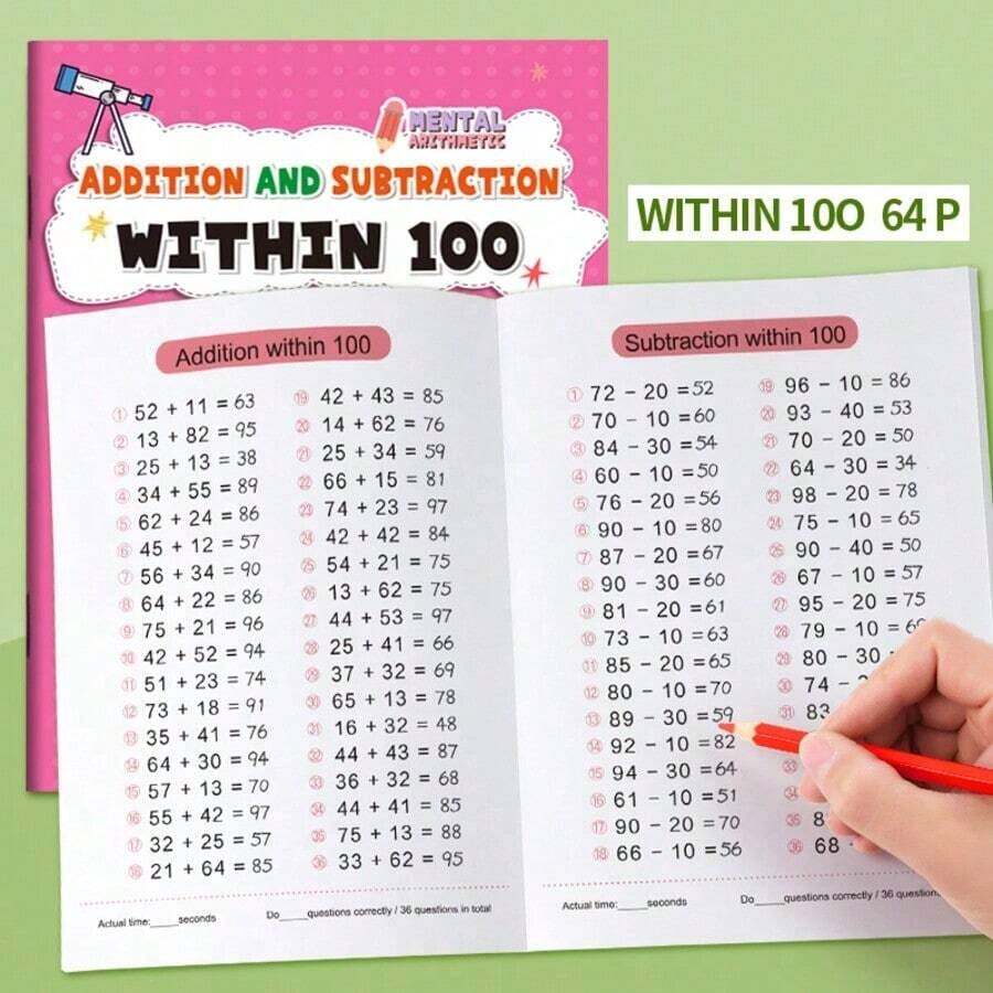 1Pc 64P Mental Astronomy Addition Subtraction Workbook Within 10-100 Arithmetic Practice Book For Kids Preschool Kindergarten Math Skills Homeschool Supplies Halloween Decor Christmas Gift All Styles Shipped Randomly - Multicolor - View 1