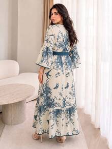 Plus Size Geometric Print Woven Fabric Ruffle V-Neck Bell Sleeve Long Umbrella Hem Dress For Women, Casual Autumn - Multicolor - View 6