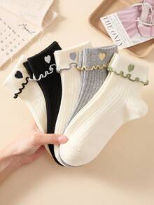 5 pares de calcetines cortos/calcetines de tobillo para mujer con lindo patrón de corazón bordado, suaves y transpirables con ribete de volantes, adecuados para todas las estaciones, colores aleatorios - Multicolor - Ver 3