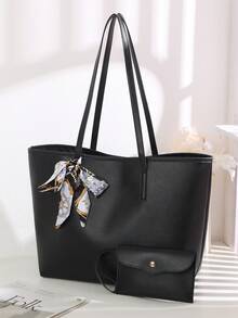 2pcs/Set Fashionable Minimalist Large Capacity Women Tote Bag Set, With Bow Decor, Suitable For Travel, School, Commute And Daily Use - Black - View 7