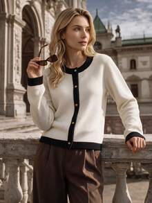 NiceArt Cardigan Rajut Kancing Emas Klasik dengan Warna Kontras, Sweater Tweed Lengan Panjang Tekstur Sarang Lebah Kasual Vintage Musim Gugur/Dingin, Pakaian Gaya Prancis, Pesta Liburan - Aprikot - View 9
