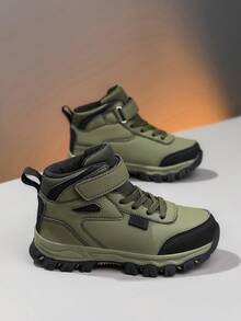 1 Pair Boys' Leather Patchwork Waterproof Non-Slip Mid-Top Convenient Hook & Loop Outdoor Children's Sports Shoes Suitable For Spring And Autumn - Dark Green - View 3