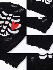 Halloween Dark Y2K Street Style, Skeleton Heart Jacquard Knit Sweater, Suitable For Back To School And Holidays - Black - View 5
