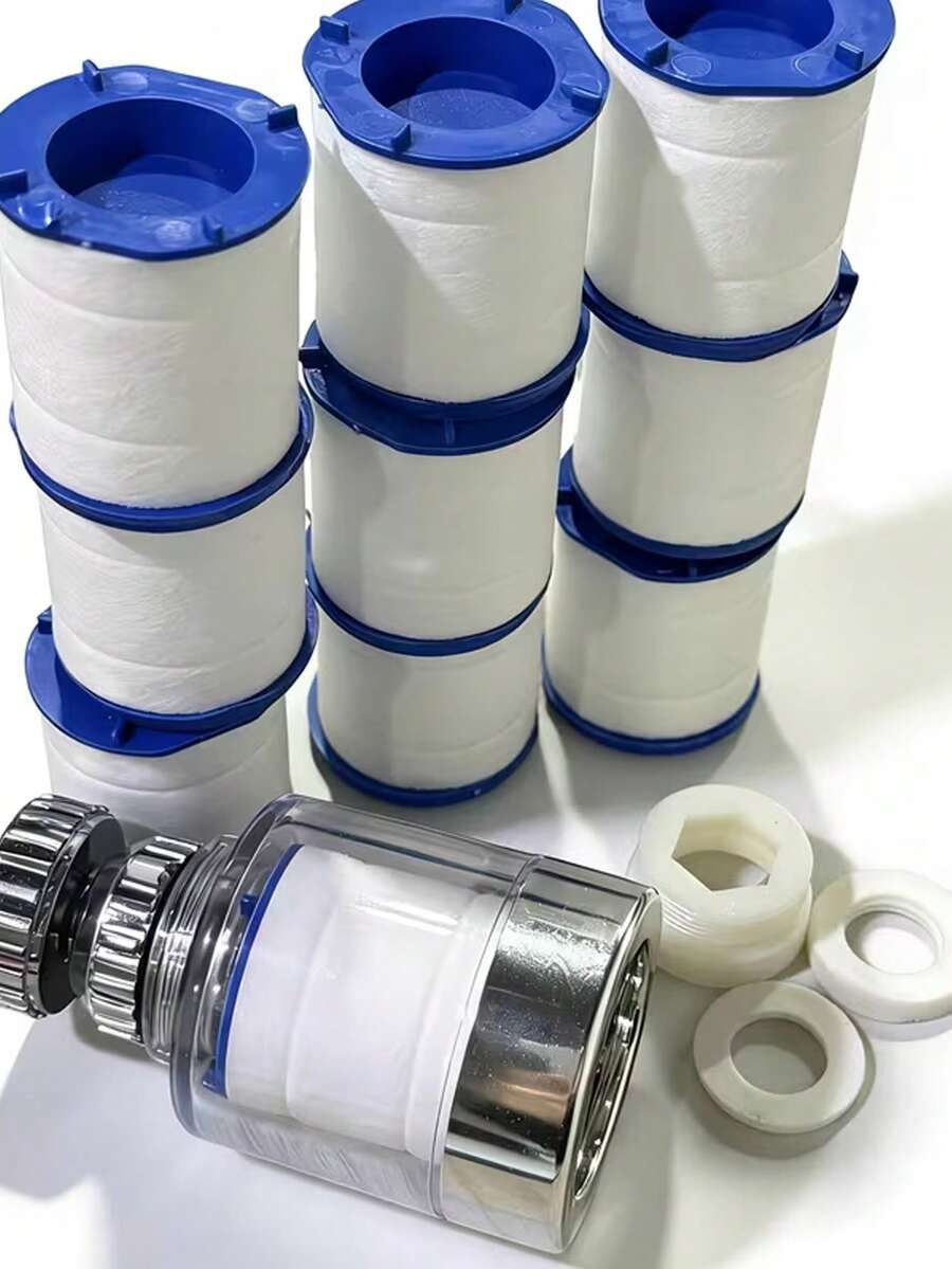 Kitchen Faucet Tap Water Purifier Filter, 1 Set/10‑Pack, 1 Short Swivel Boost Anti‑Splash Head, 3 Spare Thread Gaskets, 6 Replacement Filter Cartridges