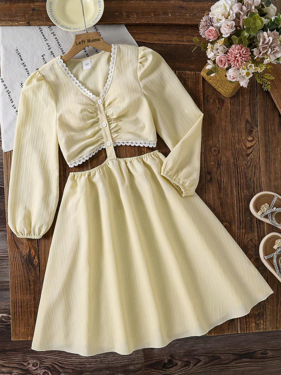 Left Mama Elegant V-Neck Long Sleeve Dress For Girls, Spring/Autumn - Apricot - View 1
