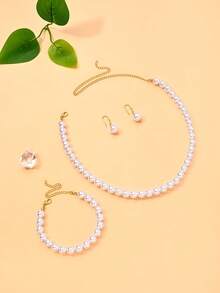 4pcs/Set Women's Vintage Round Pearl Jewelry Set, Necklace, Earrings, Bracelet, Exquisite Jewelry, Suitable For Wedding, Ball, Banquet, Bridesmaid Wear - Pearl - View 5