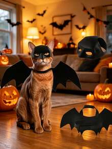 Halloween Pet Mask + Bat Wings 2 Pieces Set, Cool Cat Mask With Adjustable Neck Collar And Small Wings, Suitable For Cat Owners, Holiday Pet Costume, Halloween Party Cat Dress-Up For Photos And Social Media, Home Holiday Atmosphere Decoration, Interactive Accessory, Lightweight Mask Fits Face Without Obstructing Cat's Vision, Wings Strap Elastic And Adjustable Without Choking Neck - Multicolor - View 1