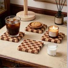 /4PCS Checkerboard Solid Wood Coffee Coasters, Creative Square Coasters, Antibacterial And Mildew-Proof Household Heat Insulation Pads, - Multicolor - View 5