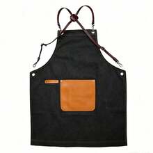 Solid Color Patchwork PU Leather Pocket Split Shoulder Strap Apron, Minimalist Straight Tie-Up Unisex Workwear For Daily Use, Catering, Kitchen, Hair Salon, Pet Shop, Server, Bakery, Milk Tea Shop, All Seasons - Multicolor - View 9