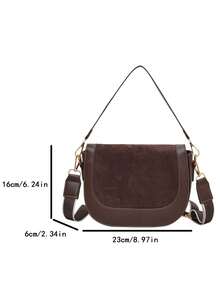 Contrast Trim Wide Webbing Strap Decor Patchwork PU Wear-Resistant Magnetic Closure Saddle Bag, Maillard Vintage Style Crossbody Shoulder Bag For Women, Minimalist Textured Commuter Bag - Coffee - View 2