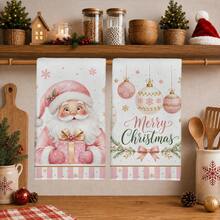2PCS Kitchen Towels Christmas Pink Santa Claus Christmas Ball Print 40*60cm Minimalist Style Rectangular Microfiber Kitchen Towels, Dish Cloths, Tablecloths, Hand Towels, Bathroom Kitchen Decor, Christmas Home Decor, Neighbor Housewarming Gift, Perfect For Kitchen And Bathroom Use, Suitable For Housewives And Family Gatherings, High Cost-Performance, Household Essential - Pink - View 1