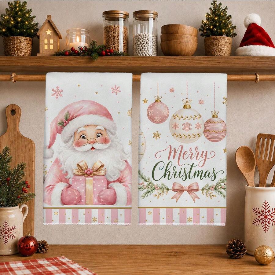 2PCS Kitchen Towels Christmas Pink Santa Claus Christmas Ball Print 40*60cm Minimalist Style Rectangular Microfiber Kitchen Towels, Dish Cloths, Tablecloths, Hand Towels, Bathroom Kitchen Decor, Christmas Home Decor, Neighbor Housewarming Gift, Perfect For Kitchen And Bathroom Use, Suitable For Housewives And Family Gatherings, High Cost-Performance, Household Essential - Pink - View 1