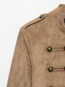 THREADLY Autumn New Women's European And American Style Fashion Minimalist Versatile Long Sleeve Knot Button Suede Texture Jacket - Brown - View 5