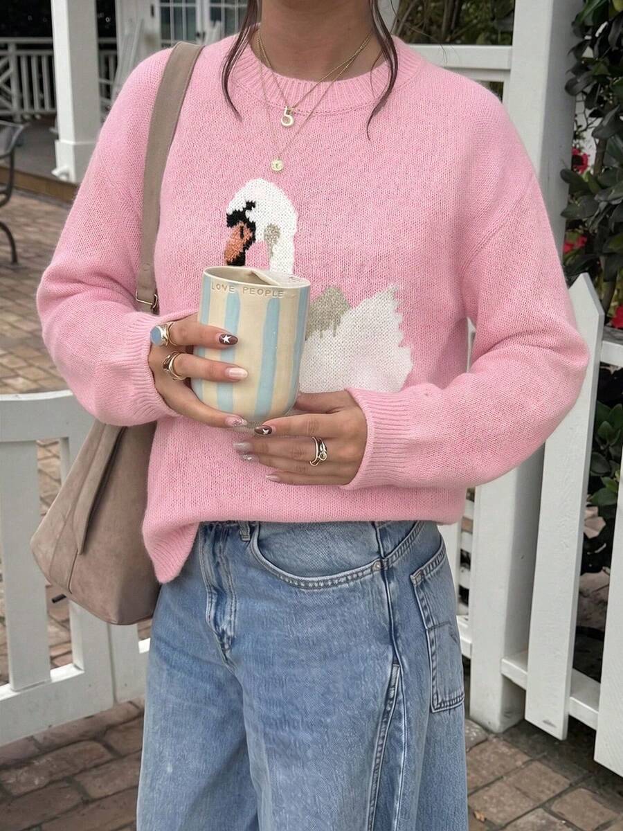 Casual Healing Atmosphere Cartoon Swan Jacquard Knit Top Women's Loose Long Sleeve Pullover Sweater Round Neck Dropped Shoulder Front Chest Swan Jacquard Texture Pattern Soft Skin-Friendly Breathable Autumn/Winter Sweet Knit Top - Pink - View 1