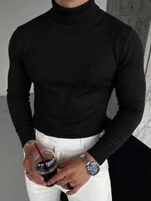 Men's Autumn/Winter Fashion High Neck Long Sleeve Sweater - Black - View 4