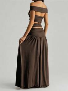 Vellofy Women Fall & Winter Dark Brown Two‑Piece Maxi Outfit Halter Off‑Shoulder Twist Cutout Set For Prom Gala Banquet Vacation Cocktail Party - Dark Brown - View 2