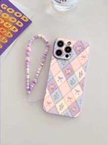 1pc Purple TPU Macaron Square Bow & Floral Print INS Pattern Anti-Drop Full Coverage Phone Case And 1pc Pink Purple Heart Soft Clay Phone Lanyard, Suitable For Versatile Phone Case/Lanyard Phone Case/Fun Phone Case/Android Phone Case, For Galaxy S26 S25 S24 S23 S22 S21 S20 Plus Ultra FE Case - Multicolor - View 4