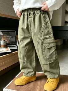 Boys' Toddler Autumn Loose Fit Washed Workwear Cotton Long Pants With Large Pockets, Suitable For Daily, Home And Outdoor Wear - Olive Green - View 1